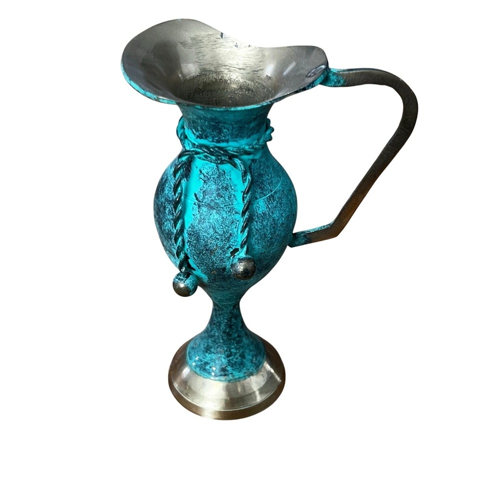 Vintage Brass Home Decor Mini Pitcher Vase Patina Turquoise Green Decorative